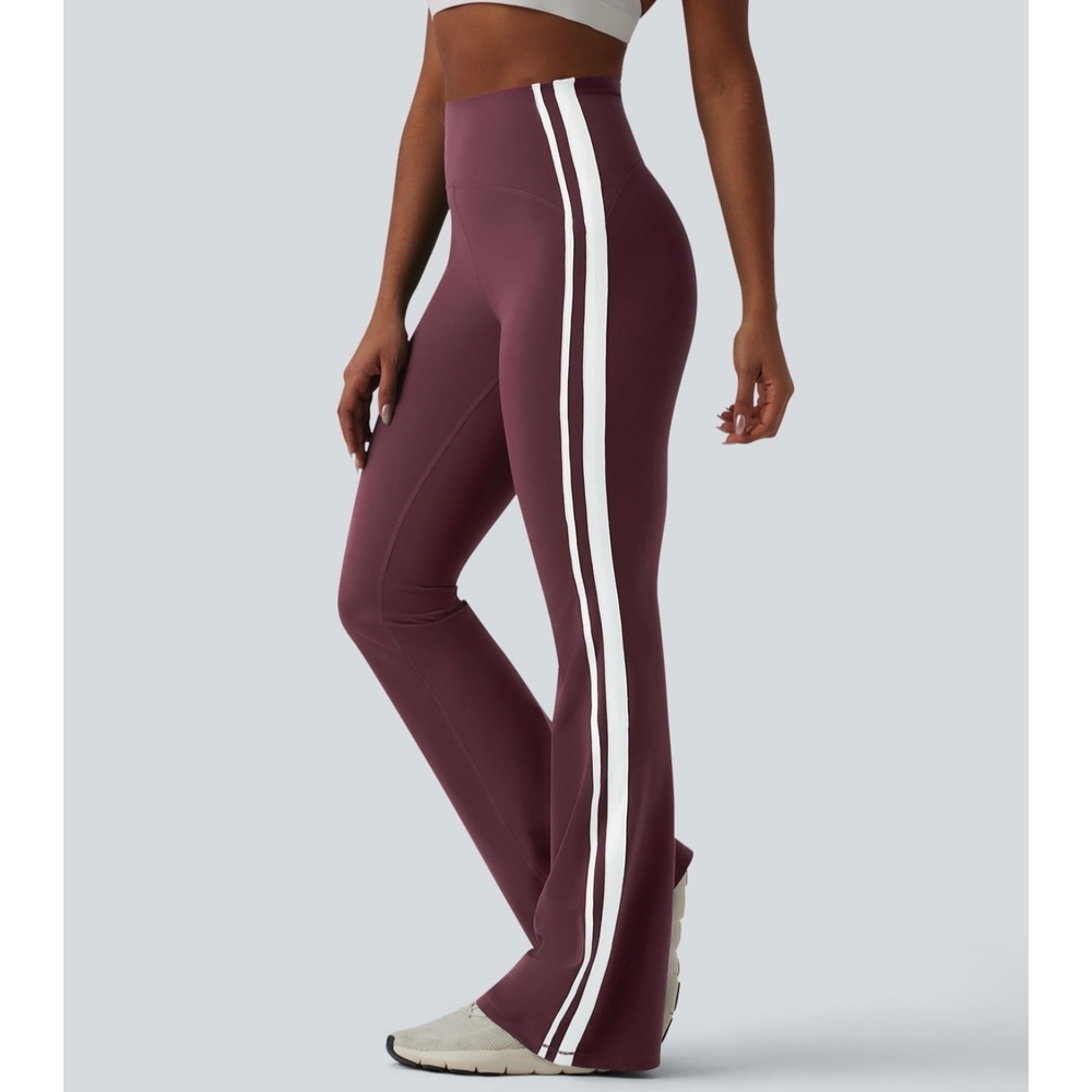Halara High Waisted Tummy Control Side Stripe Yoga 7/8 Flare Leggings Burgundy